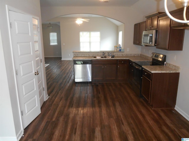 kitchen featuring appliances with stainless steel finishes, dark hardwood / wood-style flooring, dark brown cabinetry, and ceiling fan