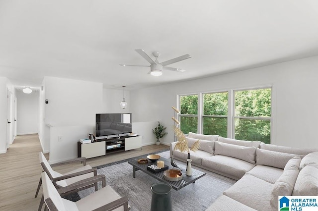 820 Boozer Rd, Heflin, AL 36264 - living room featuring light wood-style floors, ceiling fan, and baseboards