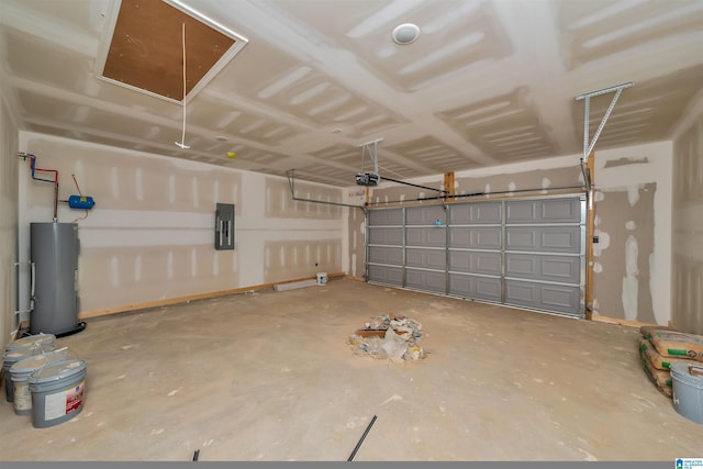 garage featuring electric water heater, a garage door opener, and electric panel