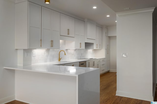 kitchen with white cabinetry, kitchen peninsula, sink, and backsplash