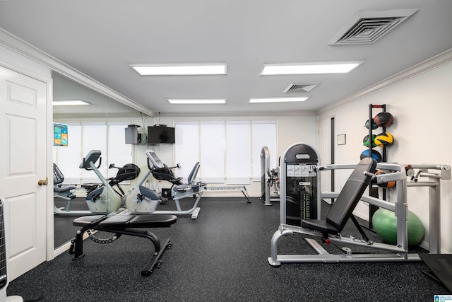 gym with ornamental molding