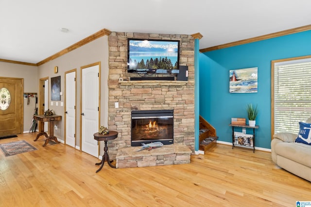 living room with a fireplace, light hardwood / wood-style floors, and crown molding