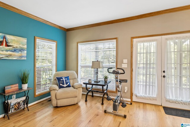 living area with light hardwood / wood-style flooring, french doors, and a wealth of natural light