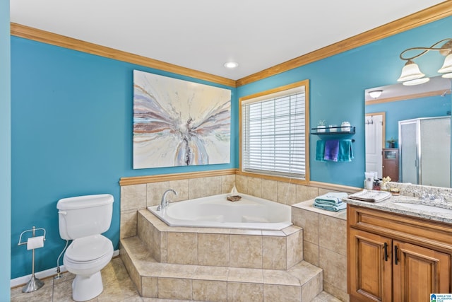 full bathroom with independent shower and bath, tile patterned flooring, vanity, toilet, and crown molding