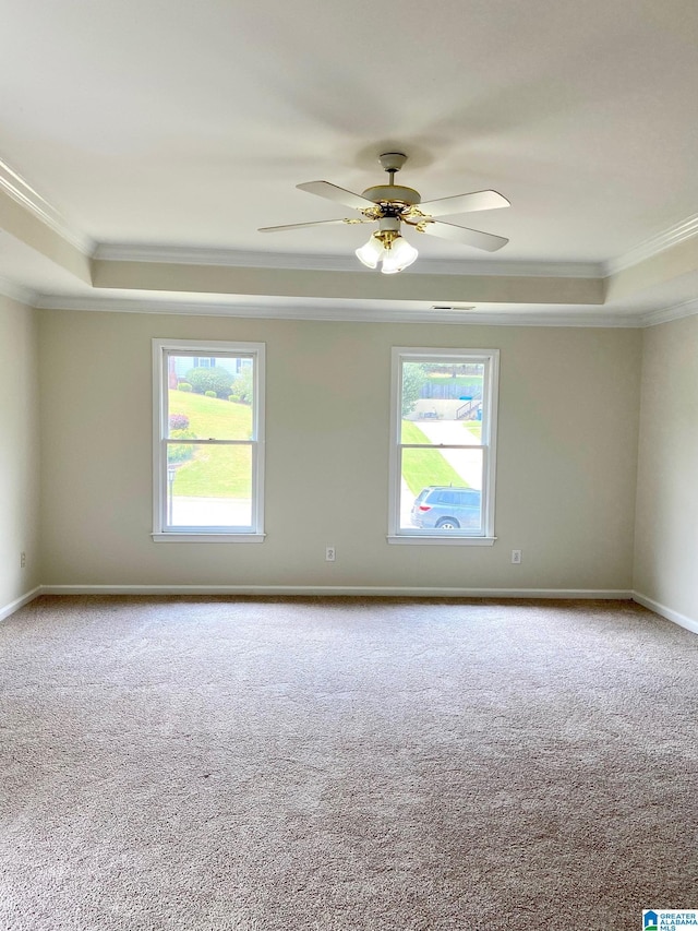 carpeted empty room featuring a ceiling fan, a tray ceiling, crown molding, and baseboards