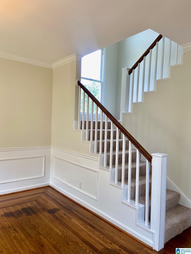 stairs with wainscoting, crown molding, and wood finished floors