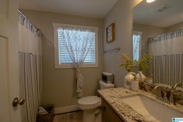 bathroom with wood-type flooring, vanity, and toilet