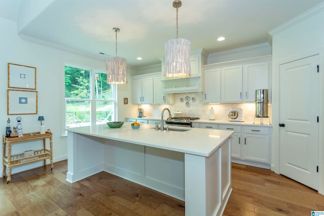 kitchen with white cabinets, an island with sink, light hardwood / wood-style flooring, and tasteful backsplash