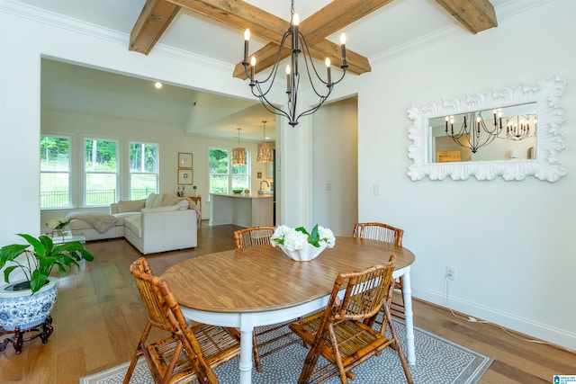 dining space with beam ceiling, wood-type flooring, ornamental molding, and an inviting chandelier