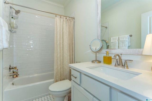 full bathroom with shower / tub combo with curtain, toilet, tile patterned floors, vanity, and ornamental molding