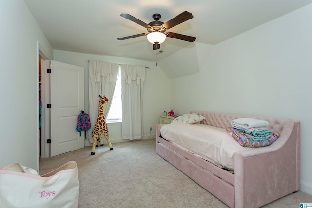 bedroom featuring ceiling fan and light colored carpet