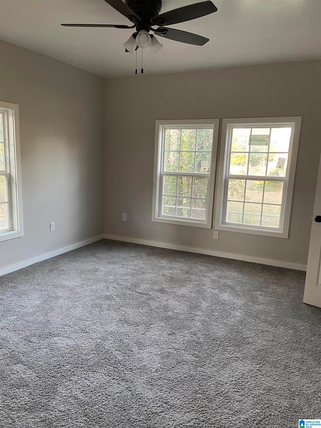 carpeted spare room with ceiling fan and a healthy amount of sunlight