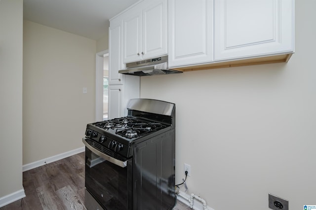 kitchen featuring white cabinets, dark hardwood / wood-style floors, and black range with gas stovetop