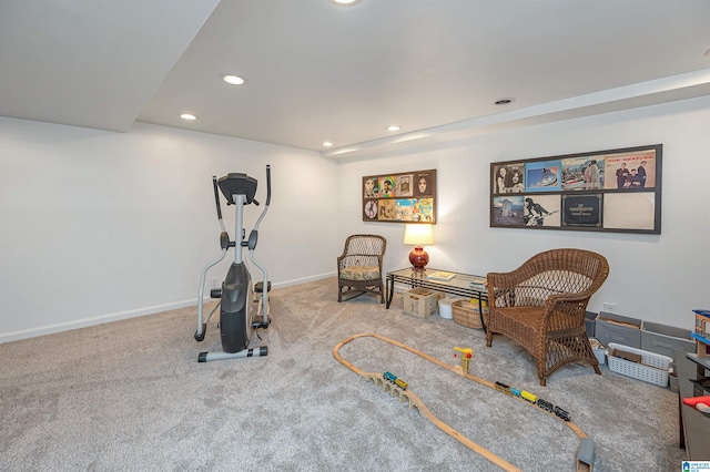 workout room featuring carpet