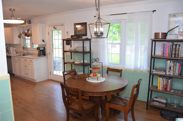 dining area featuring a notable chandelier, a wealth of natural light, dark wood-type flooring, and sink