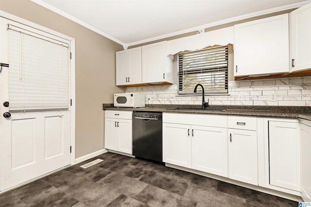 kitchen featuring black dishwasher and white cabinets