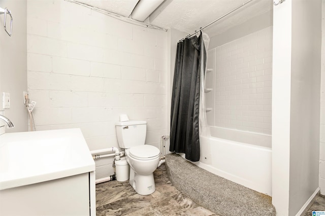 bathroom featuring toilet, shower / bath combination with curtain, and vanity