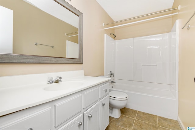 bathroom featuring shower / bathtub combination, toilet, tile patterned flooring, and vanity