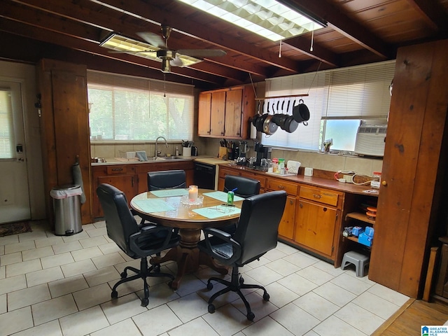 tiled office space with cooling unit, beam ceiling, ceiling fan, sink, and wood ceiling