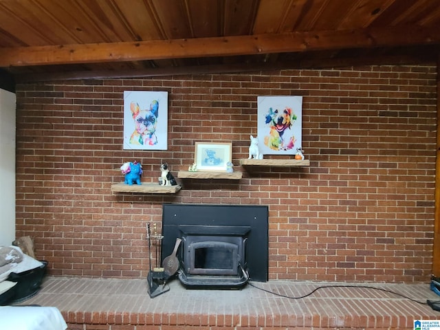 interior details with wooden ceiling, a wood stove, and beamed ceiling