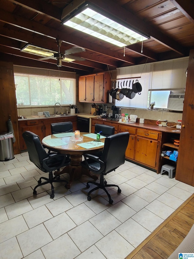 tiled office space with beam ceiling, ceiling fan, sink, and wood ceiling