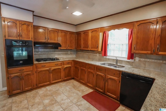 kitchen with black appliances, sink, tasteful backsplash, and light tile patterned flooring