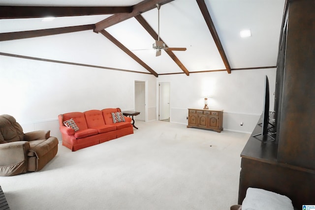 living room with beam ceiling, high vaulted ceiling, carpet flooring, and ceiling fan