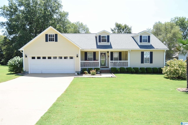 cape cod home featuring a front yard, a garage, and a porch