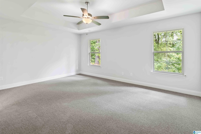 carpeted empty room with a raised ceiling, ceiling fan, and plenty of natural light