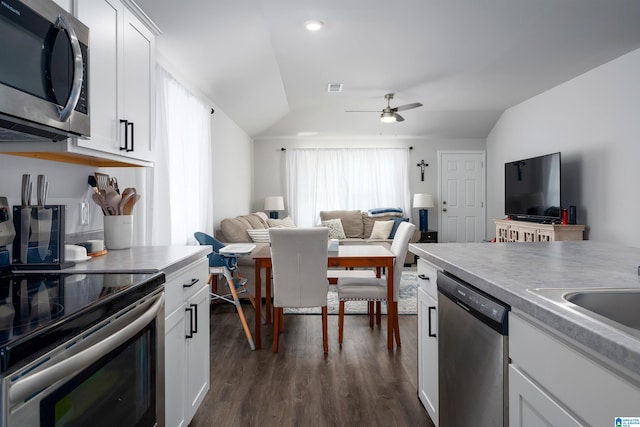 kitchen with ceiling fan, dark hardwood / wood-style flooring, stainless steel appliances, and lofted ceiling