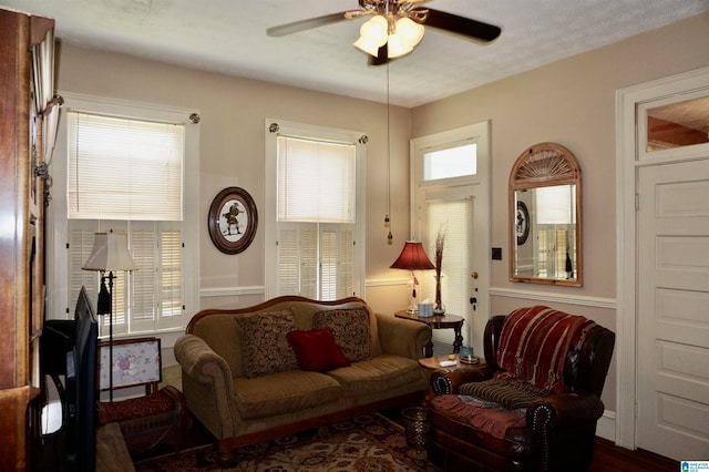 living room with ceiling fan and plenty of natural light