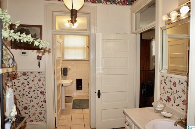 bathroom with vanity and tile patterned flooring