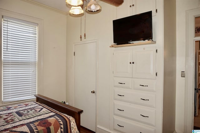 bedroom with hardwood / wood-style floors and ceiling fan