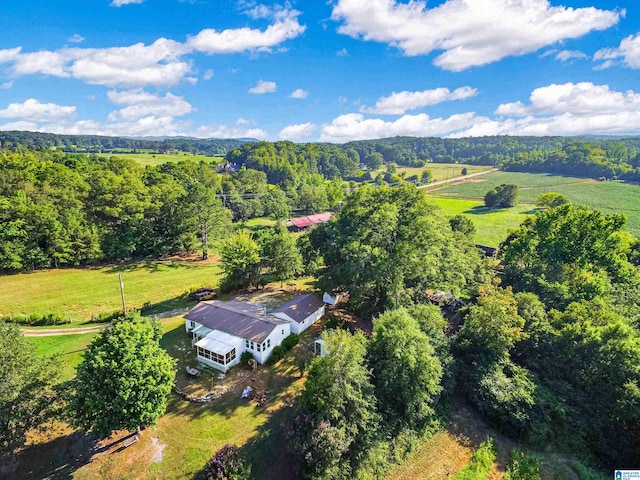 bird's eye view with a rural view and a wooded view