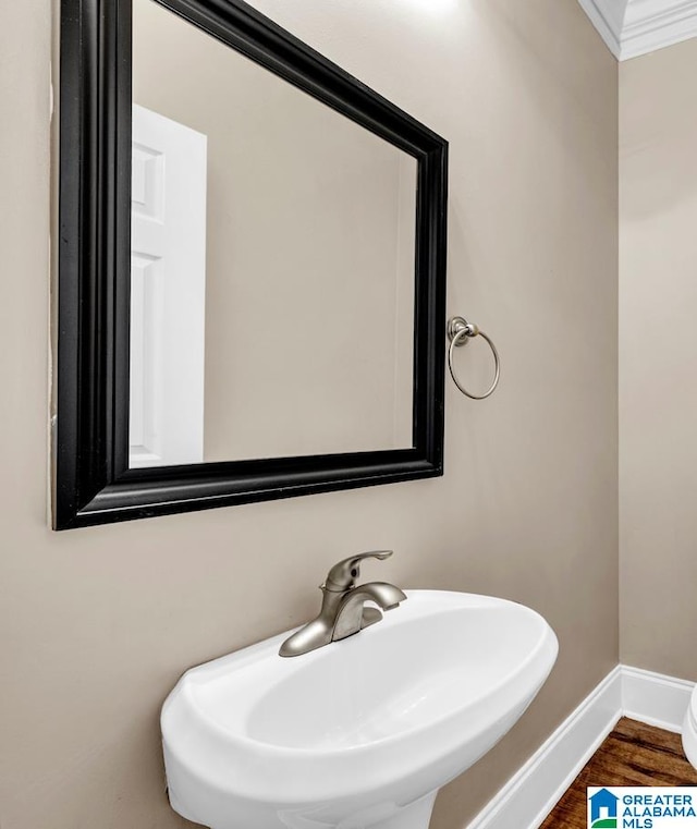 bathroom with sink, ornamental molding, and hardwood / wood-style floors