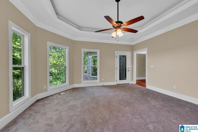 unfurnished room with a wealth of natural light, ornamental molding, ceiling fan, and a raised ceiling