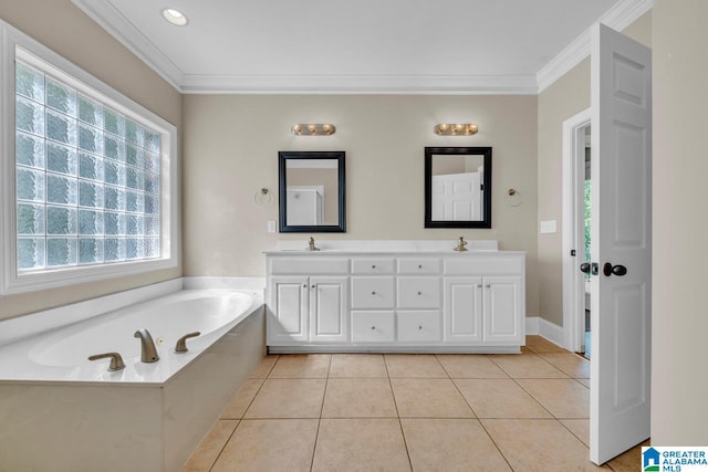 bathroom with tile patterned floors, a tub, ornamental molding, and double vanity