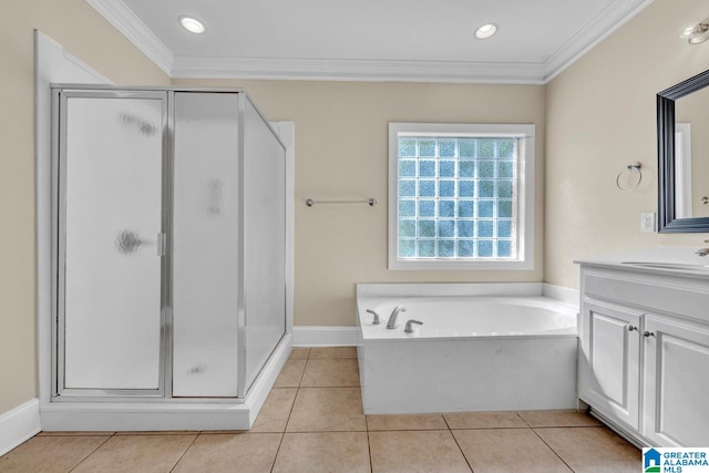 bathroom with vanity, shower with separate bathtub, and tile patterned flooring