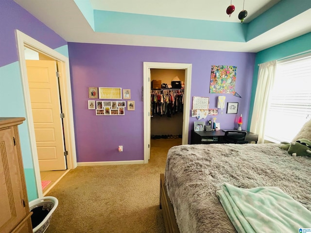 carpeted bedroom featuring a walk in closet, a closet, and a raised ceiling