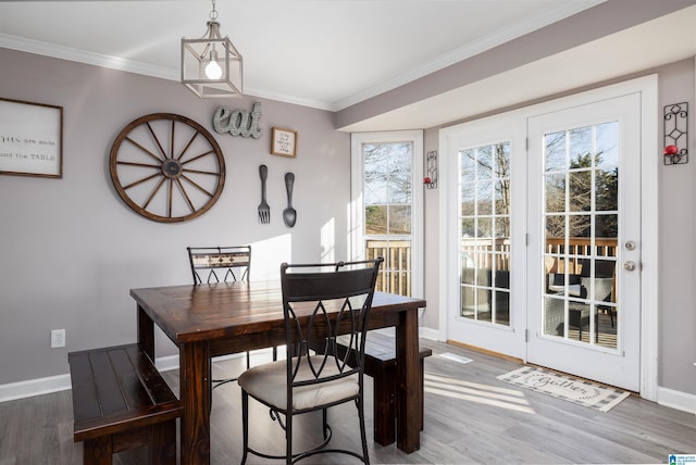 dining room with wood-type flooring and crown molding