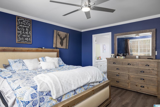 bedroom featuring crown molding, ceiling fan, dark hardwood / wood-style floors, and ensuite bath