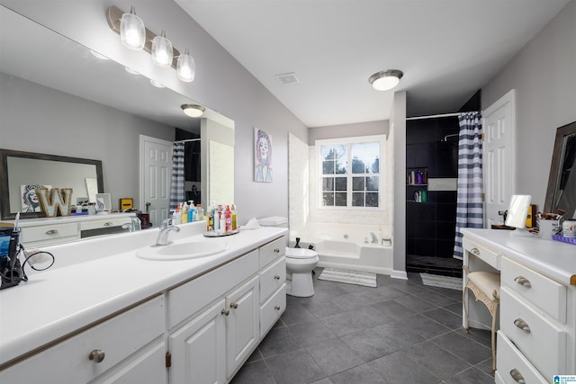 full bathroom featuring vanity, tile patterned floors, plus walk in shower, and toilet