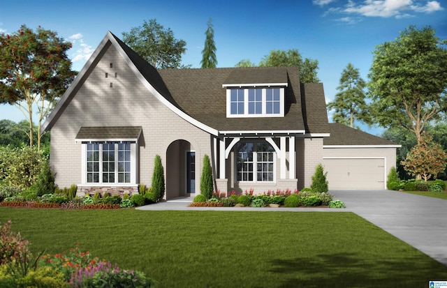 english style home with a front yard and a garage