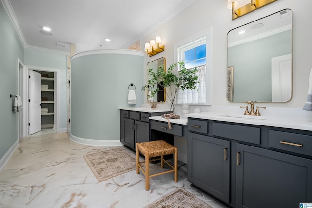 bathroom with tile patterned flooring, double vanity, and crown molding