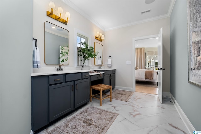 bathroom featuring crown molding, dual bowl vanity, and tile patterned flooring