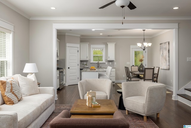 living room with sink, ornamental molding, dark hardwood / wood-style flooring, and ceiling fan with notable chandelier