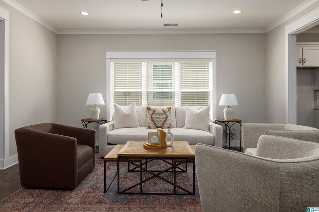 living room featuring crown molding and hardwood / wood-style flooring