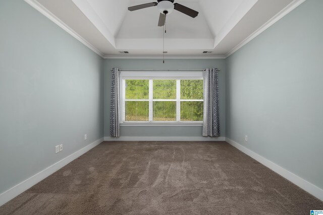 spare room featuring ceiling fan, a raised ceiling, lofted ceiling, and crown molding