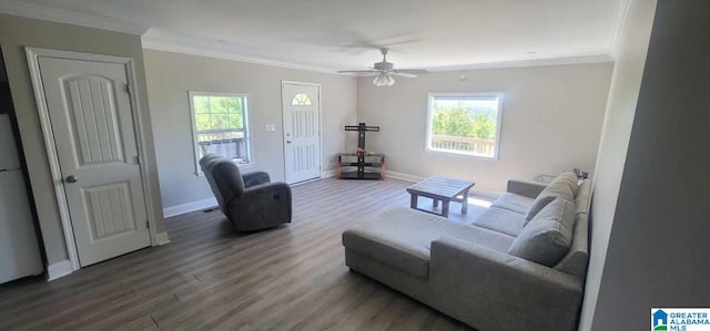 living area with a healthy amount of sunlight, crown molding, and wood finished floors