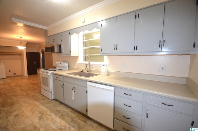 kitchen featuring white appliances, light tile patterned floors, white cabinets, sink, and ornamental molding